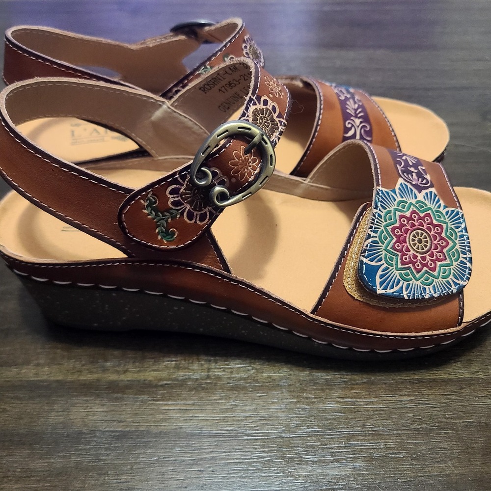 L'Artiste Spring Step Sandals Brown Floral Leather Wedge Roshni 38 Sz 7.5-8 - Picture 5 of 10